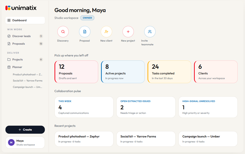 Unimatix dashboard showing proposals, projects, tasks, and client collaboration